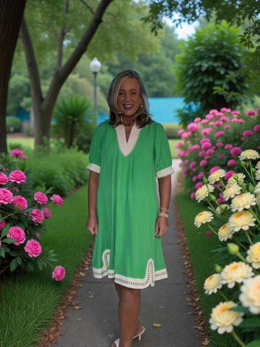 Umgee Linen Contrast Trim Midi Dress (Island Green)